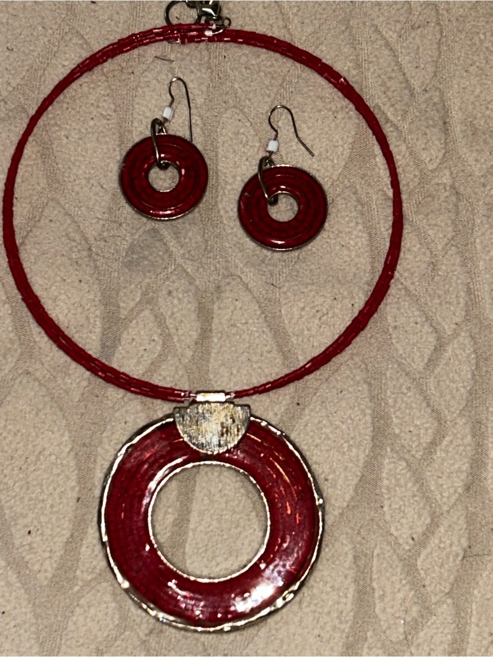 Bold Red Circular Pendant Necklace and Earring Set